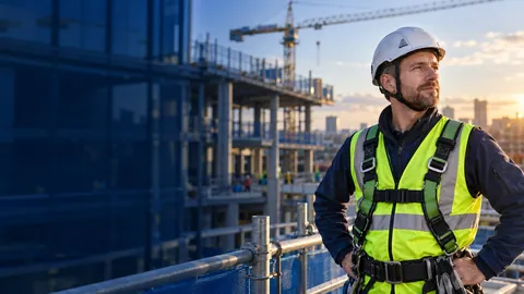 A site worker in a hard hat and harness looking out over a building under construction at sunset