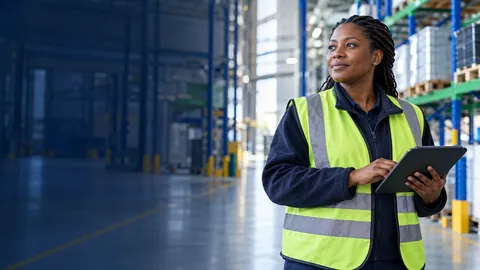 A warehouse worker in a high-visibility vest checking a tablet on the floor of a distribution centre