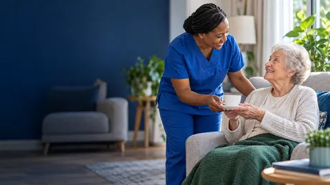 A care worker in scrubs bringing a cup of tea to an older woman sitting in an armchair at home